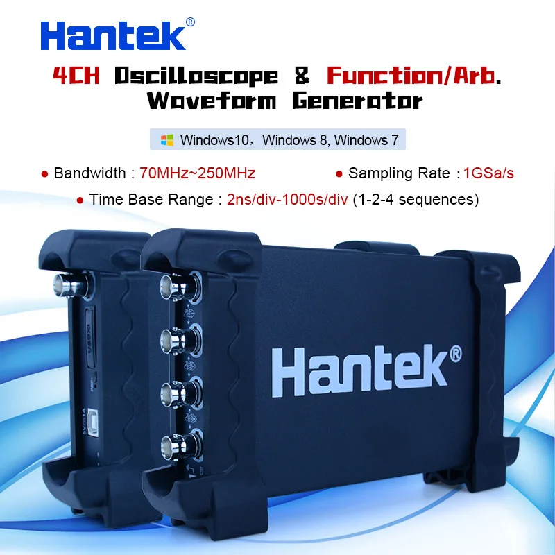 Hantek 4CH USB PC Oscilloscopes 1GSa/s 2mV-10V/DIV 250MHz handheld oscilloscope 200MSa/s DDS Function/Arb Waveform Generator