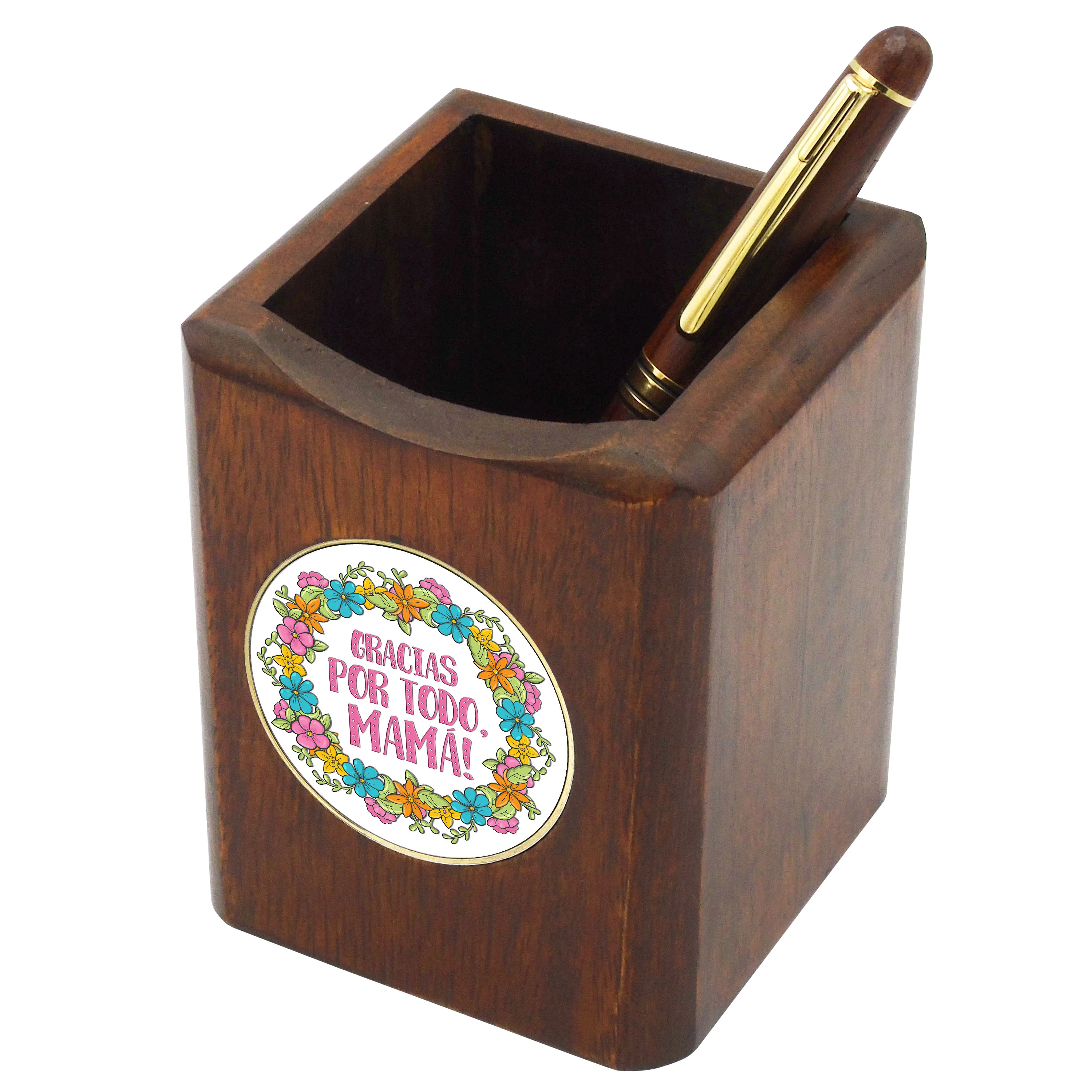 Wood Pen Holder - Mother´s Day - Metal Medallion with Crystal Dome - Choose among 8 defferent designs.