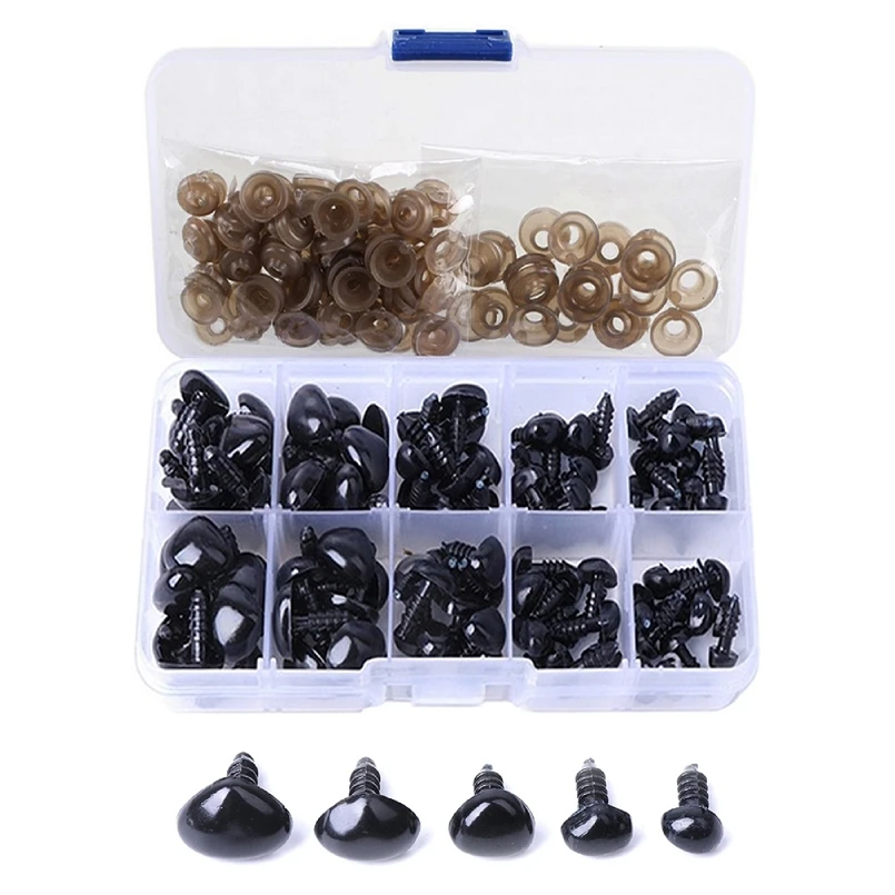 Black Safety Noses 100 Pack Plastic Ellipse with 100 Washers- for Craft Doll