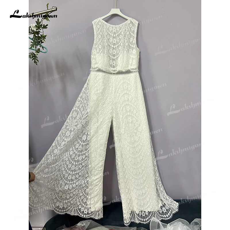 Boho Hochzeit Hosenanzüge 2022 Böhmischen Strand Spitze Braut Overall 2-Stück Tasten Zurück Breite Bein Hosen Ärmel Crop top