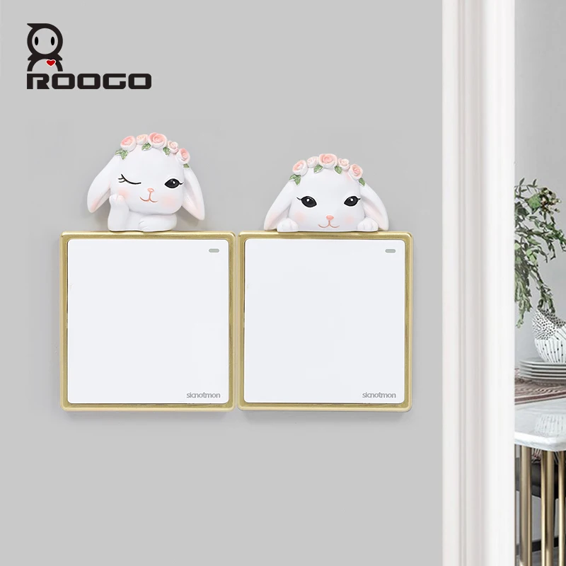 ROOGO  Figurine Cute Cartoon Garden Rabbit Switch Stickers Children Bedroom and Home Livingroom Wall Switch Stickers