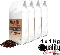 Quality Roasters Coffees. Café en grano natural. 100% Arábica. Origen único Uganda. Pack de 4 Kg. Tostado artesanal. Tueste Medio. 4 x 1 Kg.