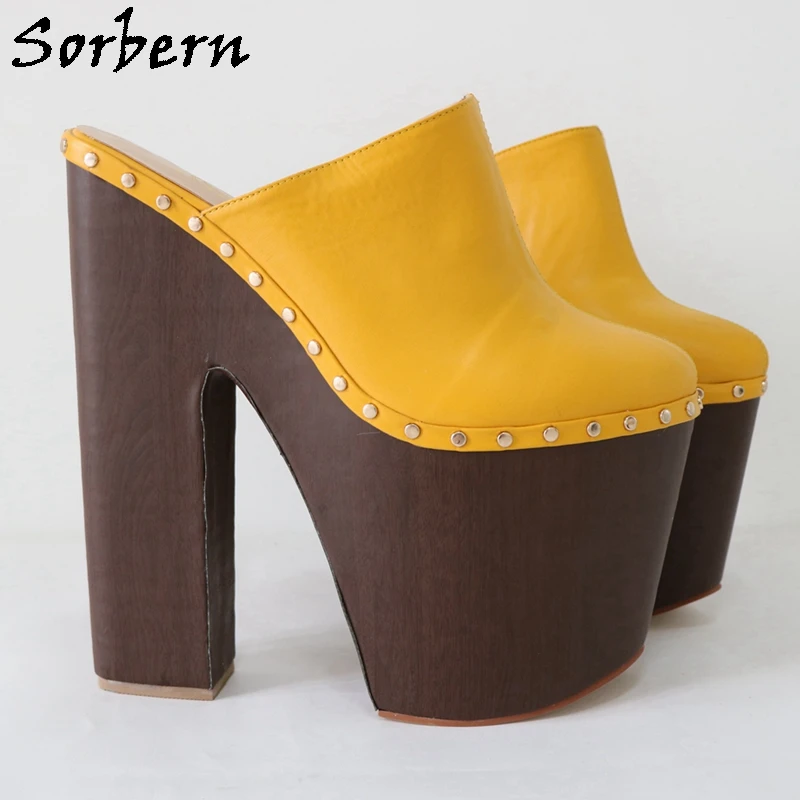 Sorbern Ginger Yellow Pump Shoes 24cm Women Mules Rivet Punk Clogs Block Wooden Style Wide Heels Unisex Shoe Thick Platform