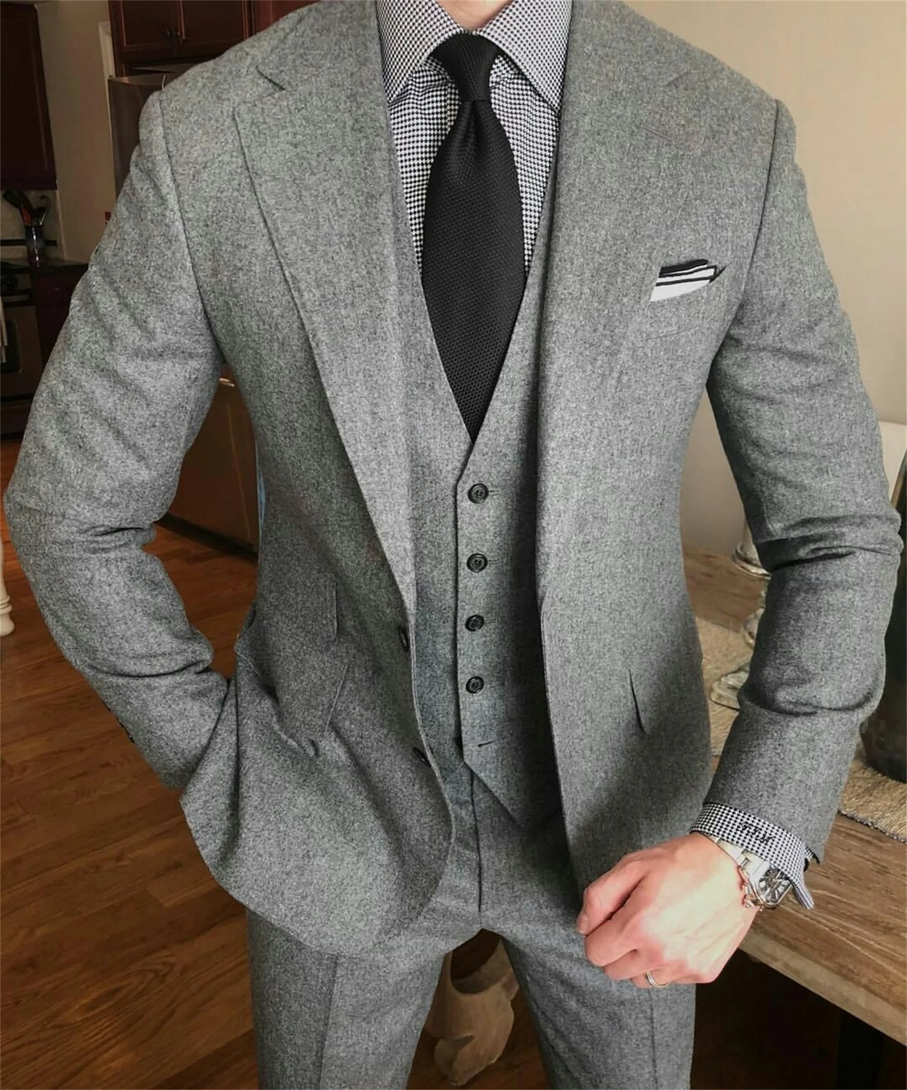 Terno de inverno masculino plus size, calças formais tweed com dois botões, casaco padrinho de casamento, jaqueta + colete + calça