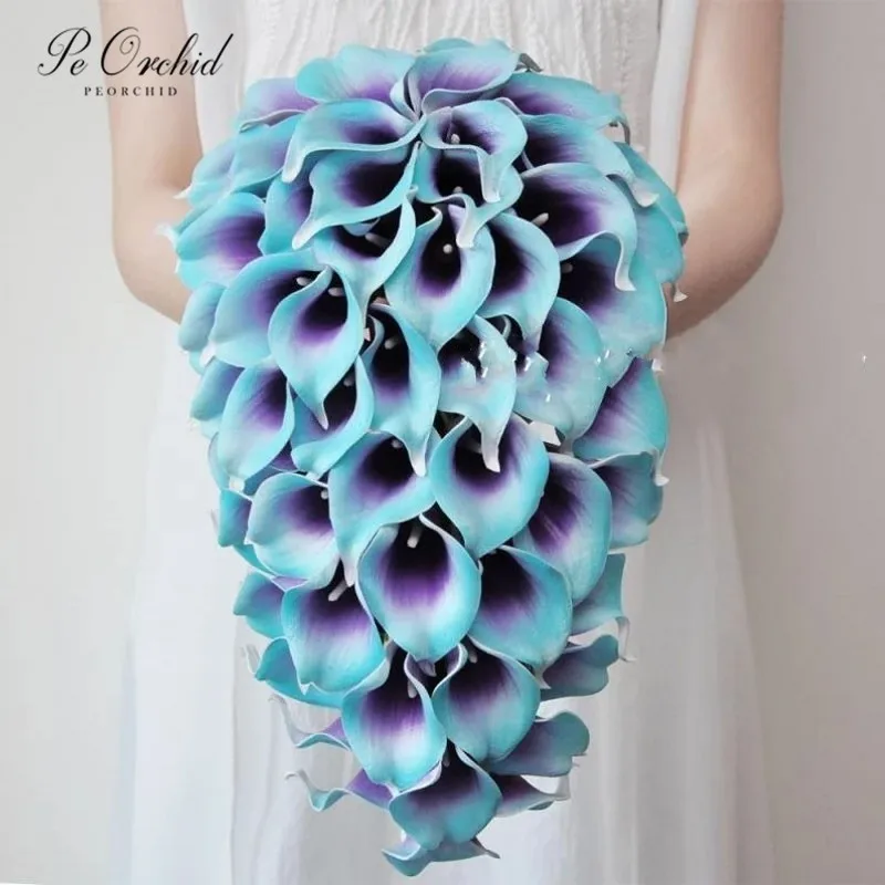 PEORCHID Cascading Wedding Bouquet Purple Turquoise Blue Real Touch Calla Lily Bridal Waterfall Bouquet Bridesmaid Flowers Set