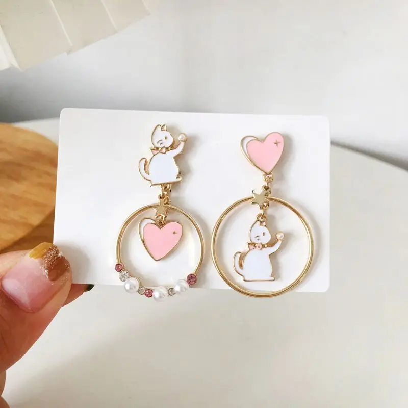 Cute Cat Rabbit Asymmetry Pearl Stud Earrings For Women Moon Star Flower Animal Statement Earring Girl Party Wedding Jewelry