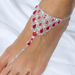 Stonefans Ruby Red Crystal Anklet Rhinestone Foot Chain for Women Boho Rhinestone Finger Toe Anklet Barefoot Sandal Foot Jewelry