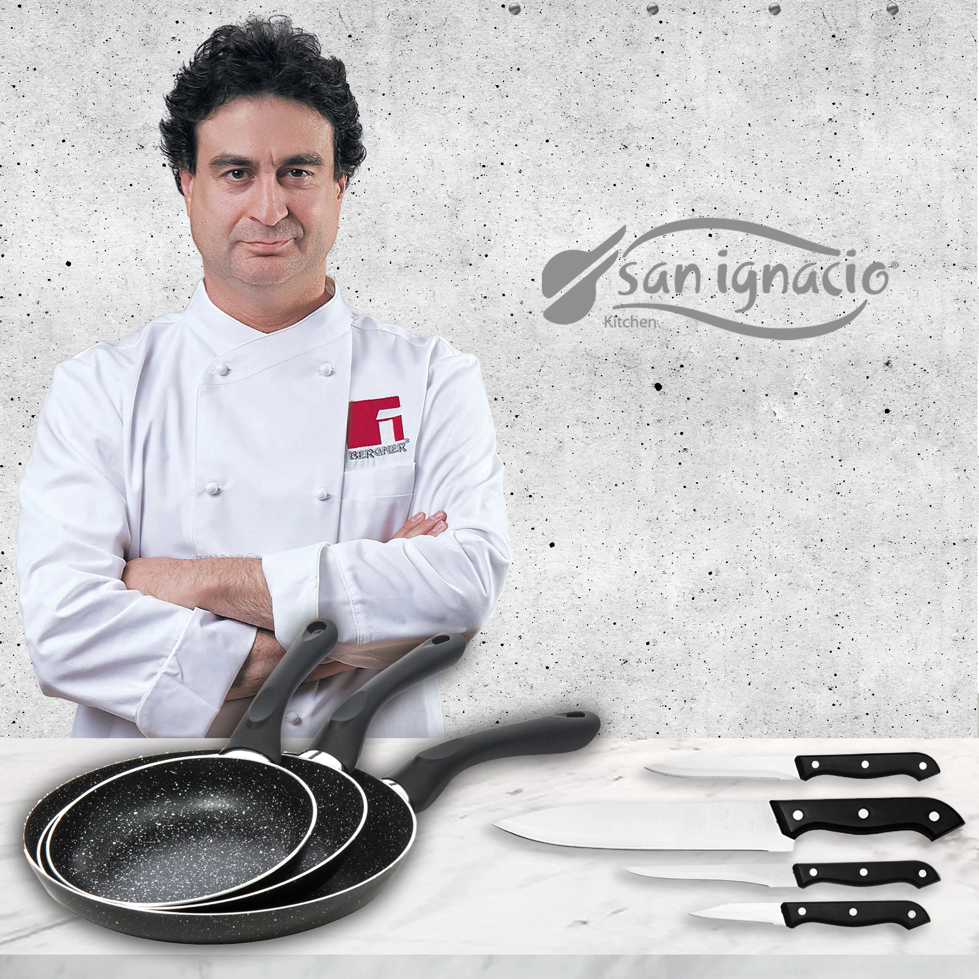 Set of pans (16,20,24cm) in aluminum pressed with 4 kitchen knives SAN IGNACIO Premium