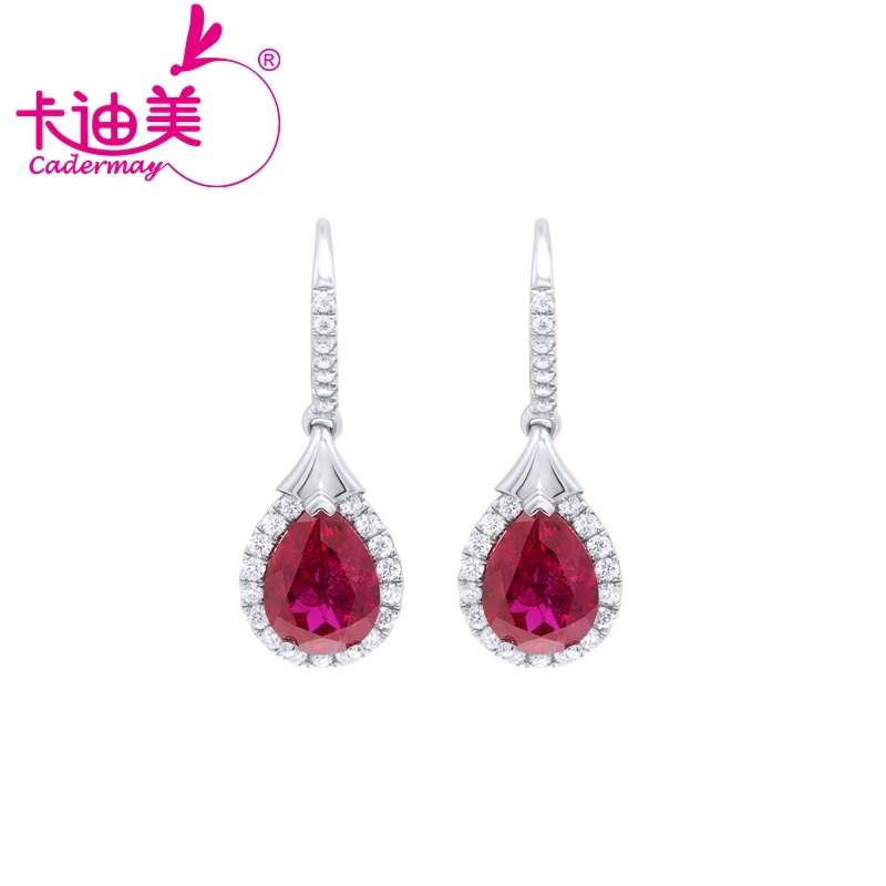 CADERMAY Luxury Gold 14K 18K 10K Lab Grown Red Ruby Waterdrop Shape Dangle Earrings For Women Moissanite Diamond Wedding Gift