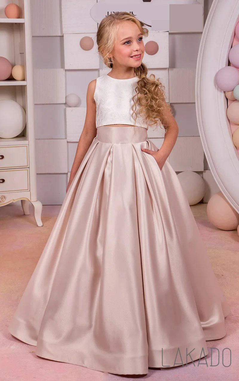 Vestido de desfile de dos piezas para niñas, vestido de fiesta de cumpleaños de satén para 4-14 años con bolsillo elegante