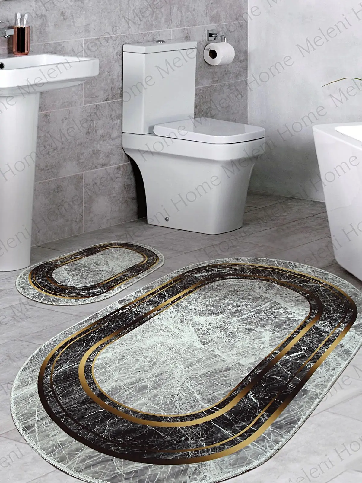 Set of 2 Bath Mats Digital Printed Non-Slip Toilet Seat Set Gold Striped Super Absorbent Floor Mat Anti slip Drying Bathroom Mat