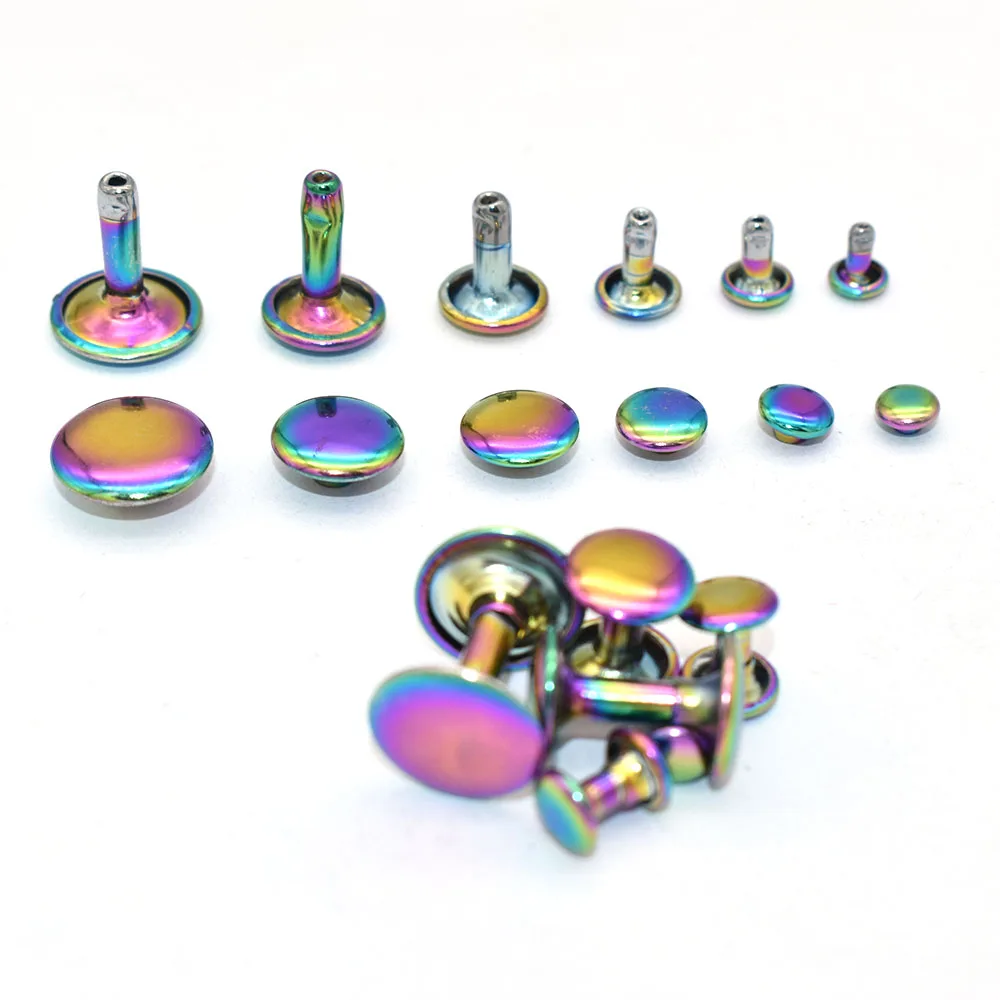 Metal Double Cap Leather Rivets - Rainbow 6 Size Metal Rivet Studs for Leather Craft Clothes/Shoes/Bags/Belts Repair