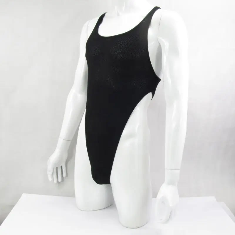 G428D Mens bodysuit Thong Leotard Racer Back Nylon spandex slightly C-thru honeycomb mesh