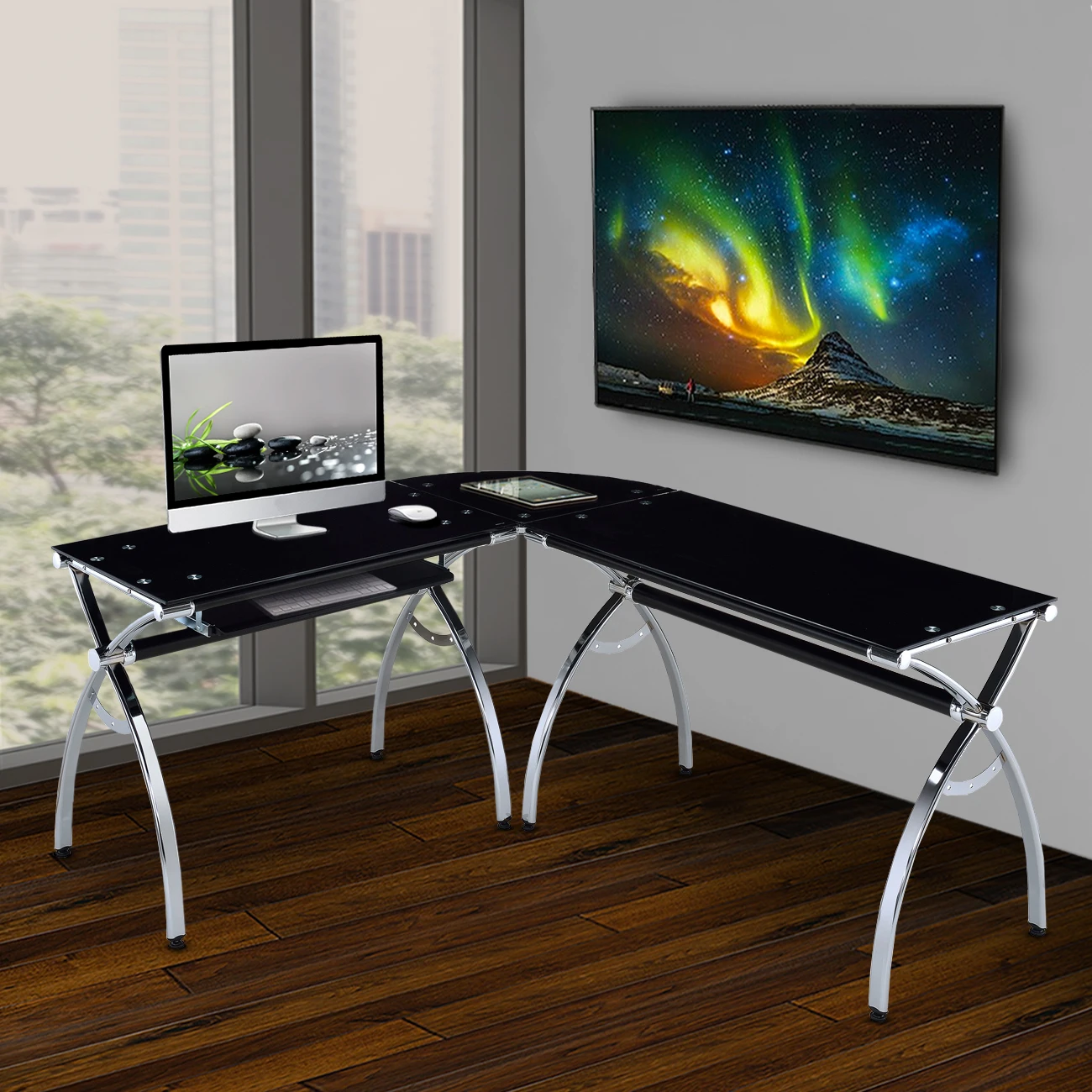 L-Shaped Corner Desk Tempered Glass Top Computer Desk with Pull Out Keyboard Tray Office Game Study Table Black[US-W]