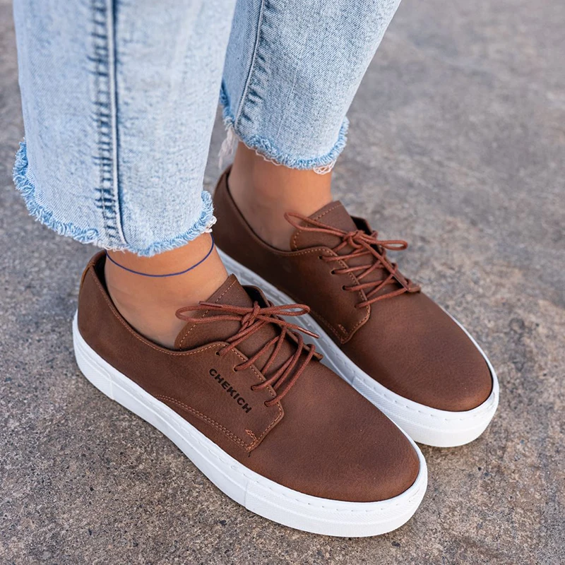 Chekich Women's Shoes Tan Color Artificial Leather Lace-Up  Summer 2021 Fashion Sneakers Casual Vulcanized Material Wedding Office Solid Brown Footwear Lightweight Air Comfort Breathable CH005 Women V7