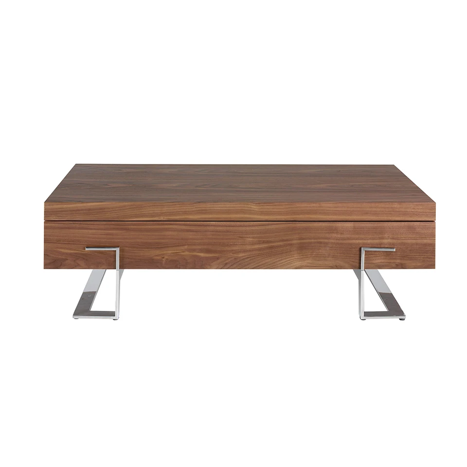 Coffee table 2099 Angel Cerdá-rectangular center table with wooden lid walnut veneer and legs in chrome stainless steel