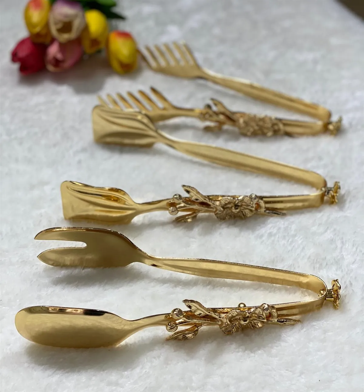 3 Pieces Food Serving Tongs Cake Pastry Bread Holder Kitchen Products High Quality Gold Color Plated Special Design Turkish Production Gift Presentation Auxiliary Accessory 5 Star Invitation Durable Metal Japanese Rose