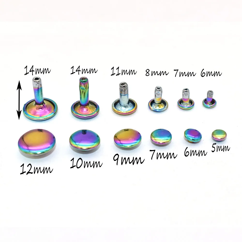 Metal Double Cap Leather Rivets - Rainbow 6 Size Metal Rivet Studs for Leather Craft Clothes/Shoes/Bags/Belts Repair
