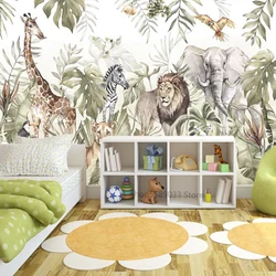 Custom Large Size Wallpaper Animals Among the Leaves of Tropical Plants Mural Giraffe Lion Zebra Elephant Children Room Decor 3D