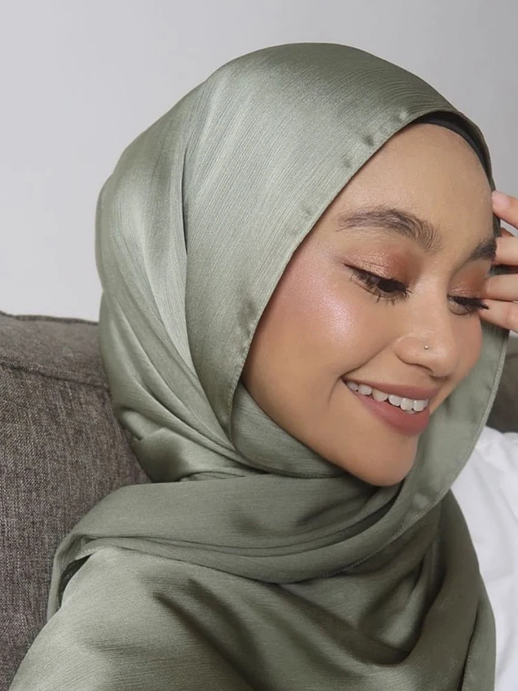 Écharpe Hijab en Satin Froissé pour Femme Musulmane, Châle en Mousseline de Soie, Uni, Respirant, Islam, Turban Plissé, Ramadan