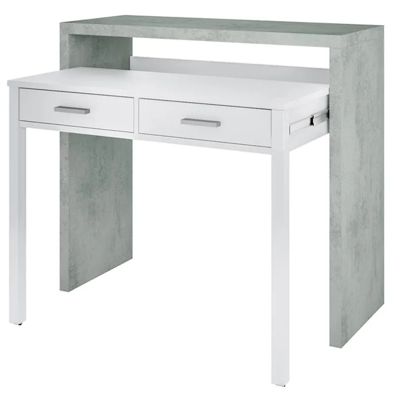 Extendable desk, console study table, Artik White and cement gray. Measures: 98,5x87,5x36-66 cm