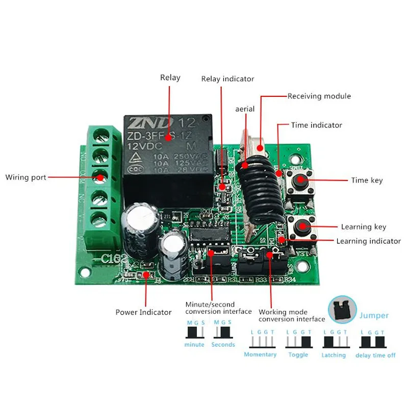 Uniwersalny pilot garażowy polecenia drzwi garażowych DC 12V przekaźnik bezprzewodowy moduł RF przełącznik On/Off przełącznik + czas opóźnienia