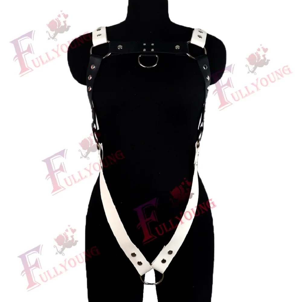 Sexy Men Black White Leather Metal Rings Body Chest Harness Punk Male Leather Bondage Costume Sexy Gay Club Rave Straps Crop Top