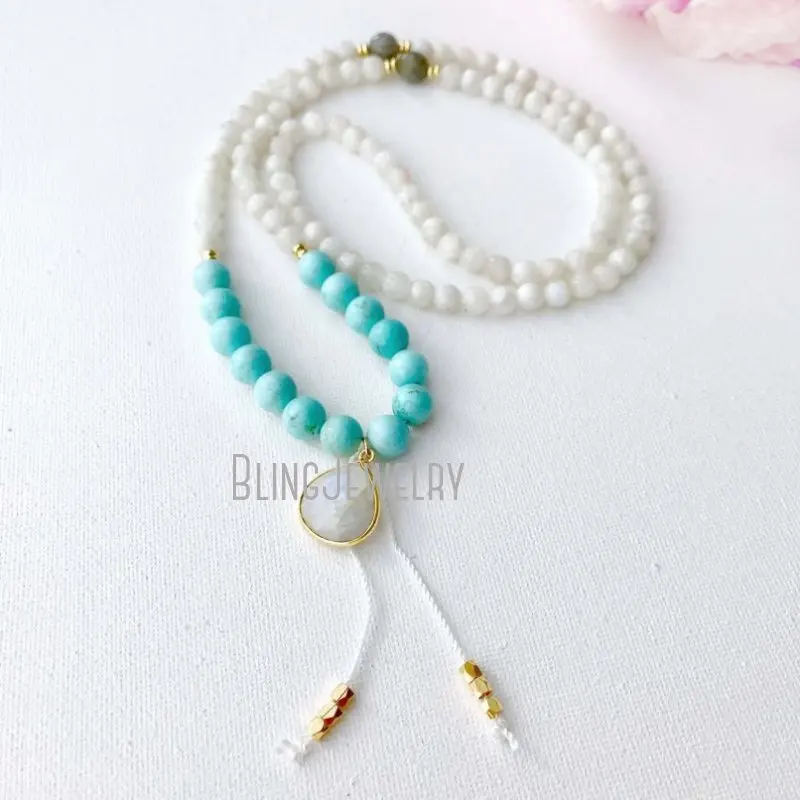 MN19927  Moonstone Beads Turquoise Mala Necklace    Japa    Yoga 