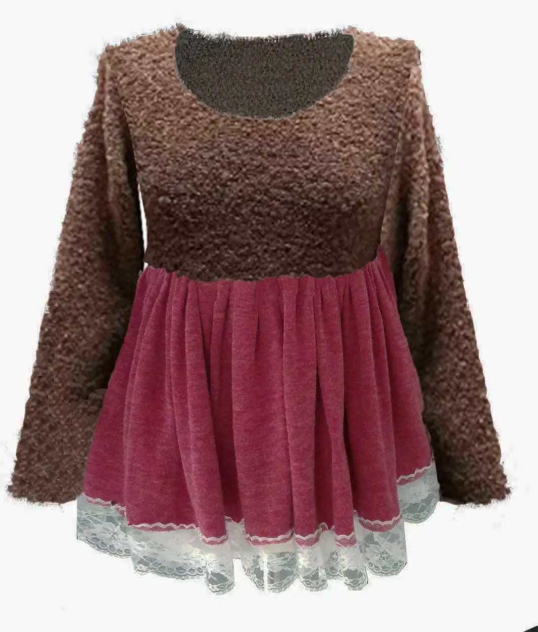 Women's wool sweater in two colors, brown and red, with white lace. Warm and soft wool, ideal for cold days. Style and comfort in a garment!