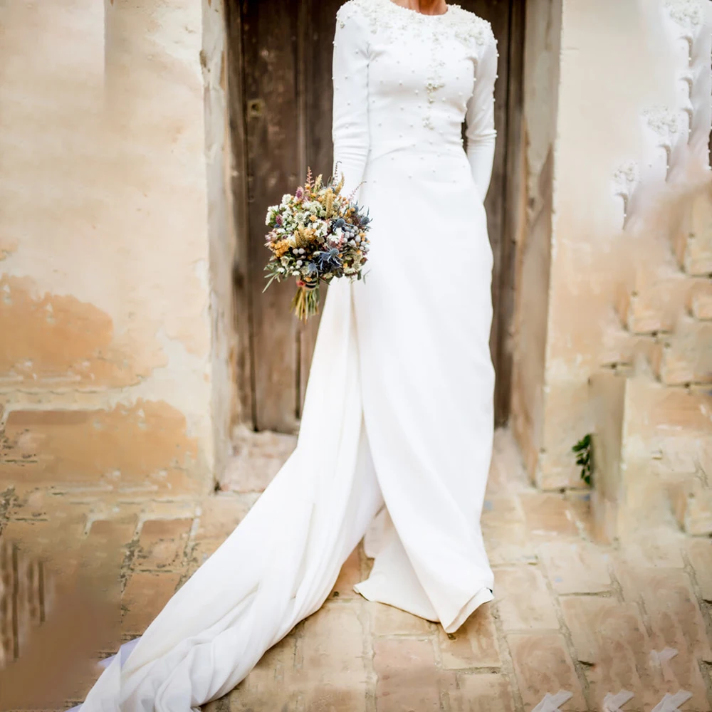 Cetim grosso muçulmano mangas compridas cabidas vestido de casamento feito sob encomenda pérolas de marfim coberto volta bainha colher pescoço vestido de noiva do vintage