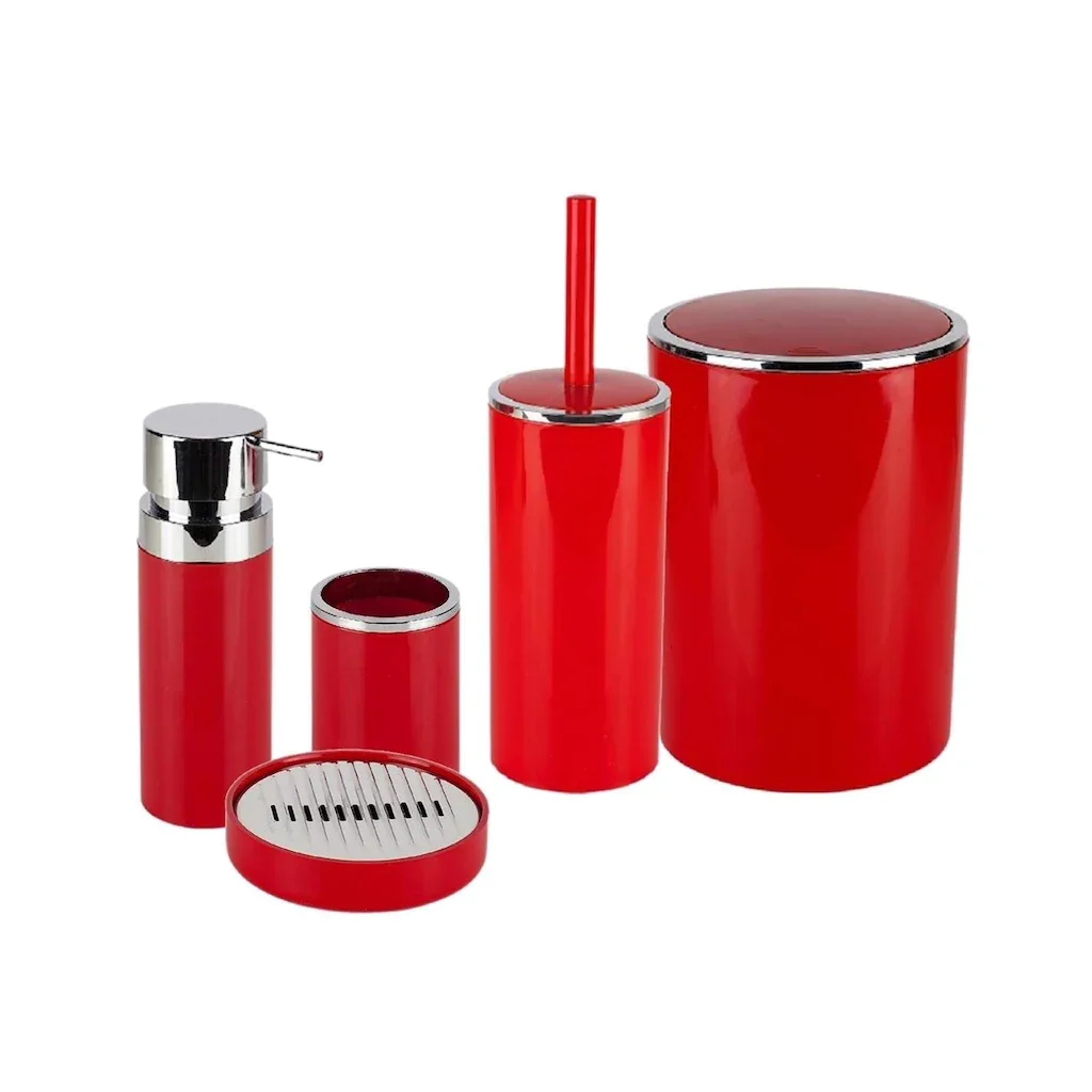 Primanova Lenox 5 Pieces Red Bathroom Set Liquid Soap Dispenser Soap Dispenser Toothbrush Holder Rotating Lid Bucket Toilet brus