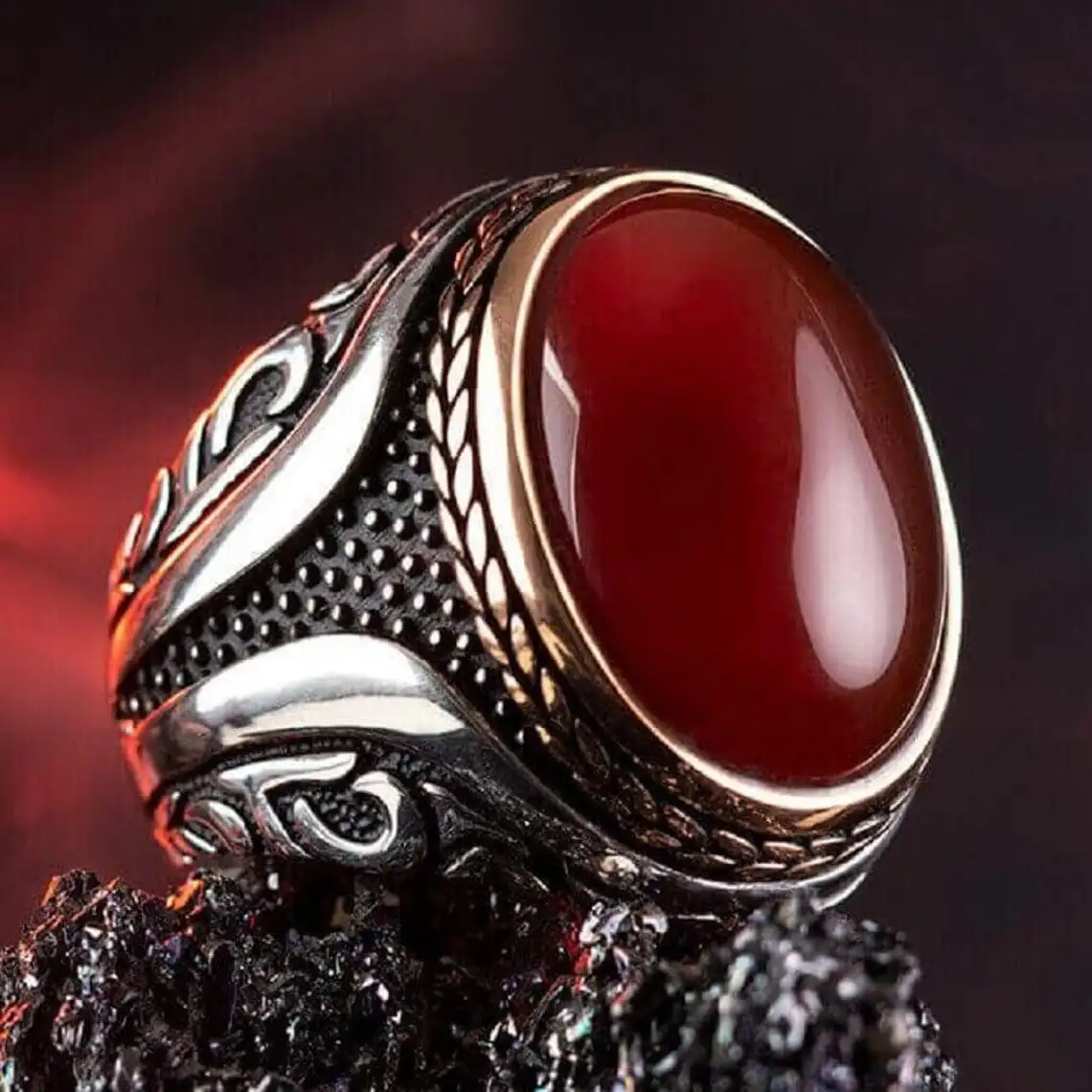 

Oval Plain Model Red Agate Carnelian Stone Statement Ring for Men 925 Sterling Silver Collocation Fashion Natural Jewelery Gift