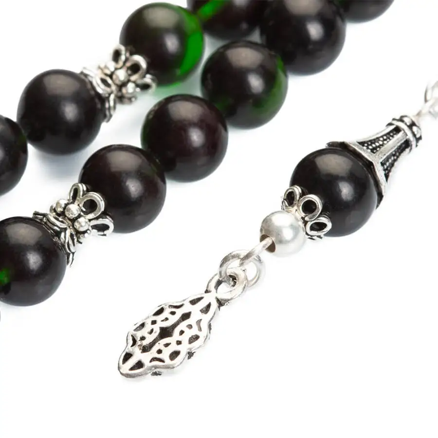 Silver Wavy Green Amber Gemstone Prayer Rosary Men Sphere Cut Rosary With Silver Tassel Arabic Tasbih With Otttoman Model Tassel