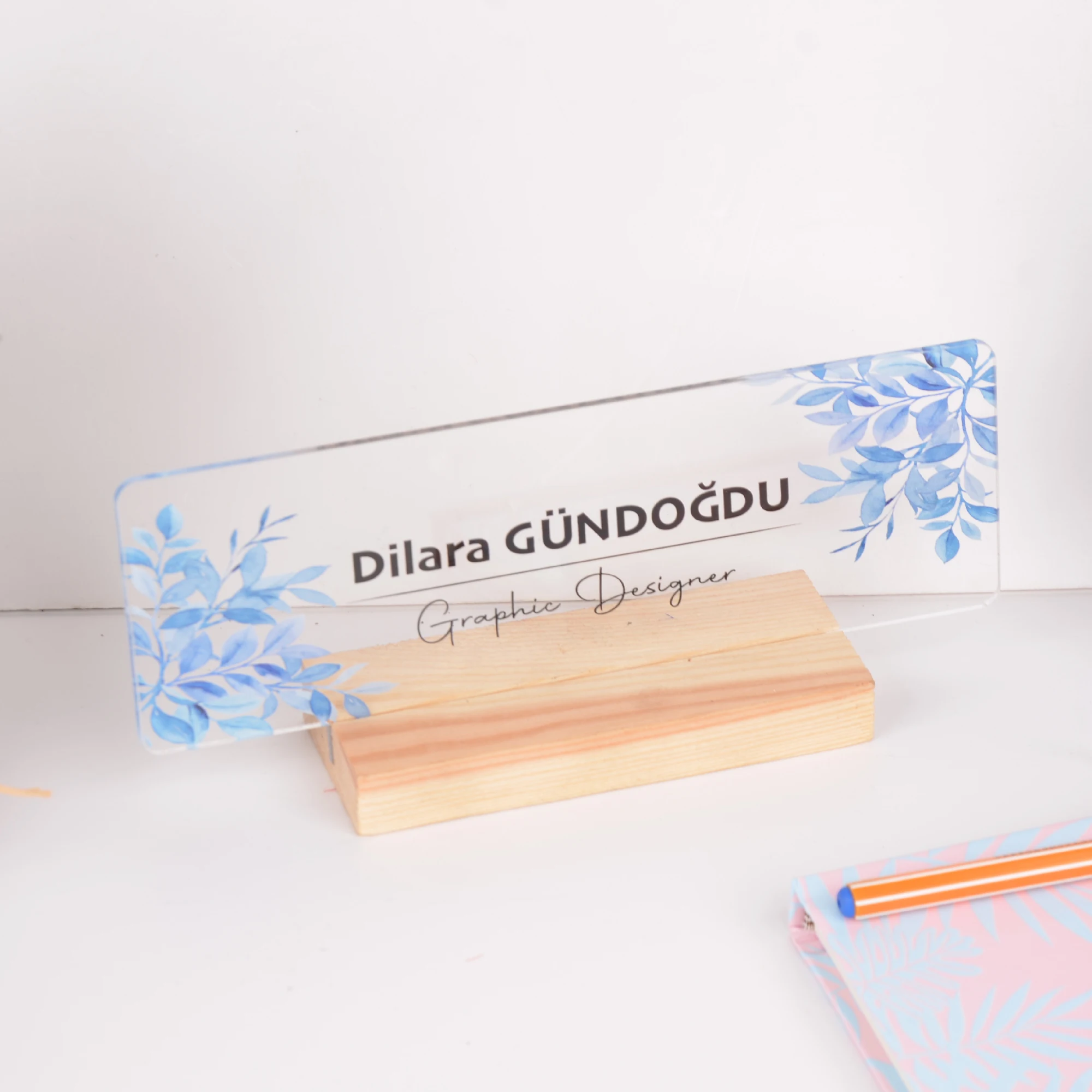 Custom Name Tag Table Sign Nameplate Business Logo Title Position UV Print With Your Text Wood Foot Holder