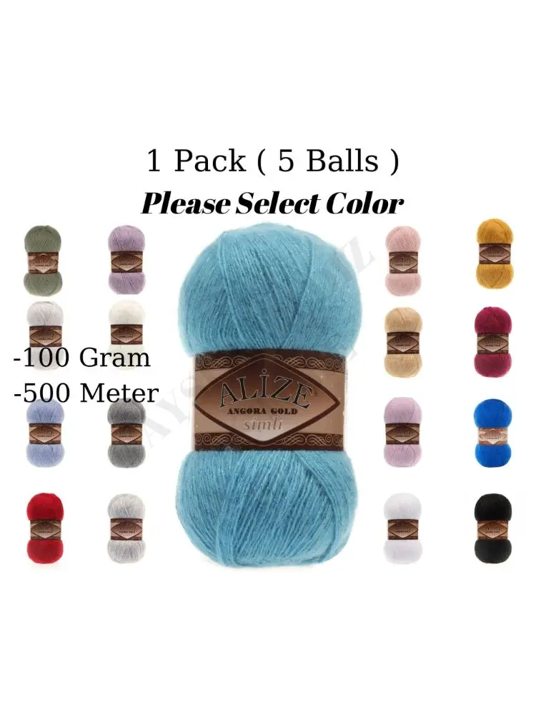 Thread 1 Pack ( 5 Balls ) Alize Angora Gold Silvery Knitting Yarn ( %5 Silvery %20 Wool %75 Acrylic ) Crochet Tool Kit