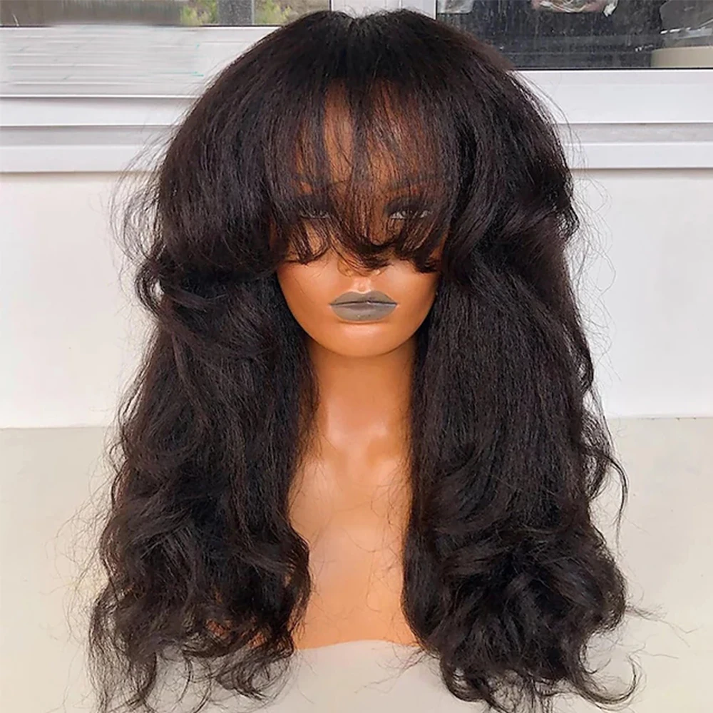 

Yaki Straight Lace Front Wigs With Bangs T Part Synthetic Lace Front Fringe Wigs Heat Resistant Fiber Hair PrePlucked Hairline