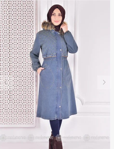 COAT 2022 MODAL winter denim jacket furry hat thick cold Muslim long dress for women Dubai Turkish kerchief girl Islamic