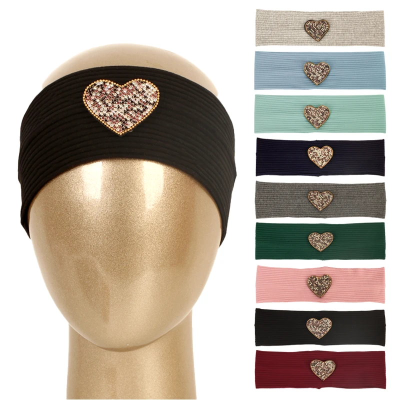 Women Yoga Sport Headband Ladies Cotton Soft Hairband Ribbing Knit Elastic Headwear Fashion Love Rhinestone Accessories Turban