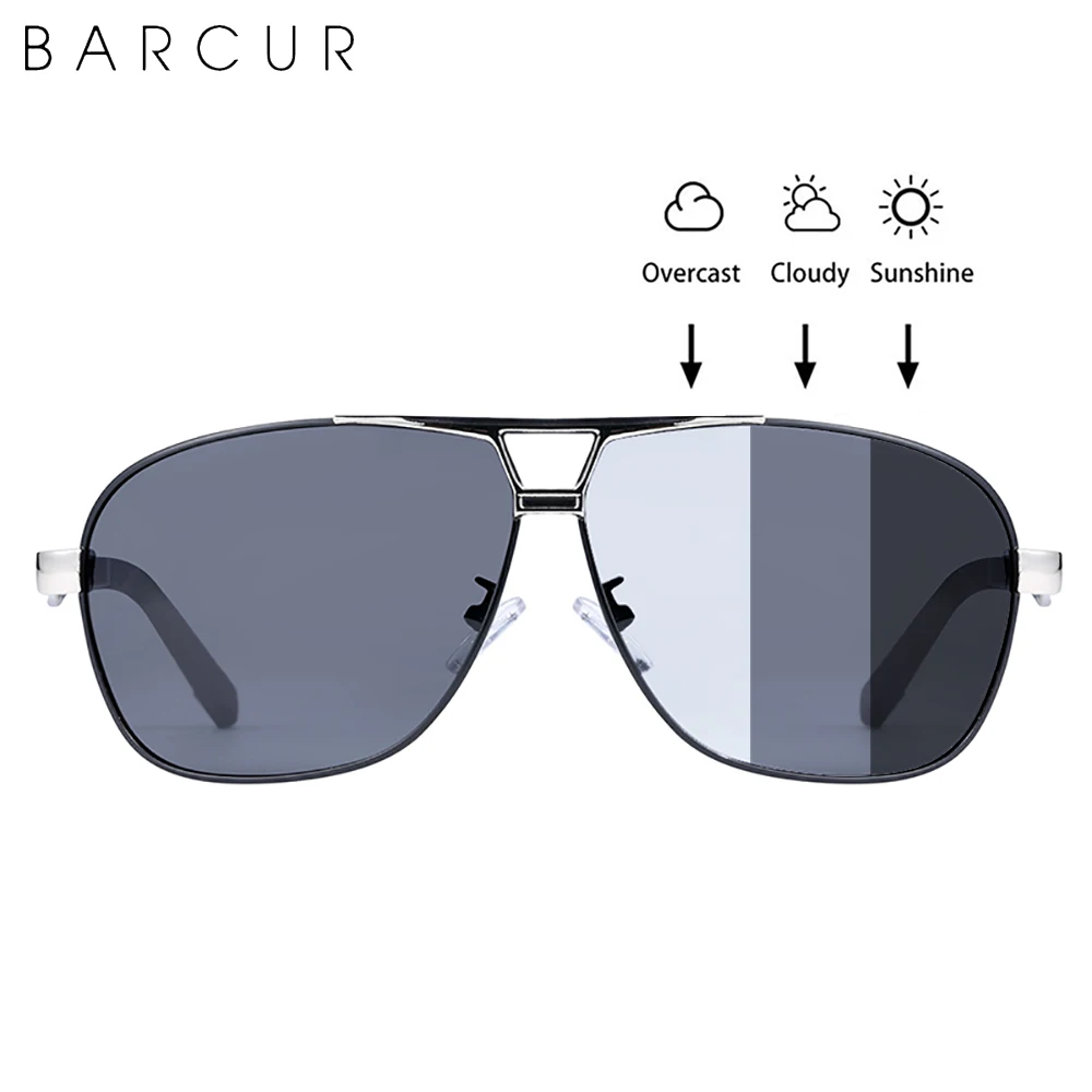 BARCUR Pilot Photochromic Sunglasses Metal Frame Men Polarized Sun Glasses Glass Eyewear Trend Styles UV400 Protection