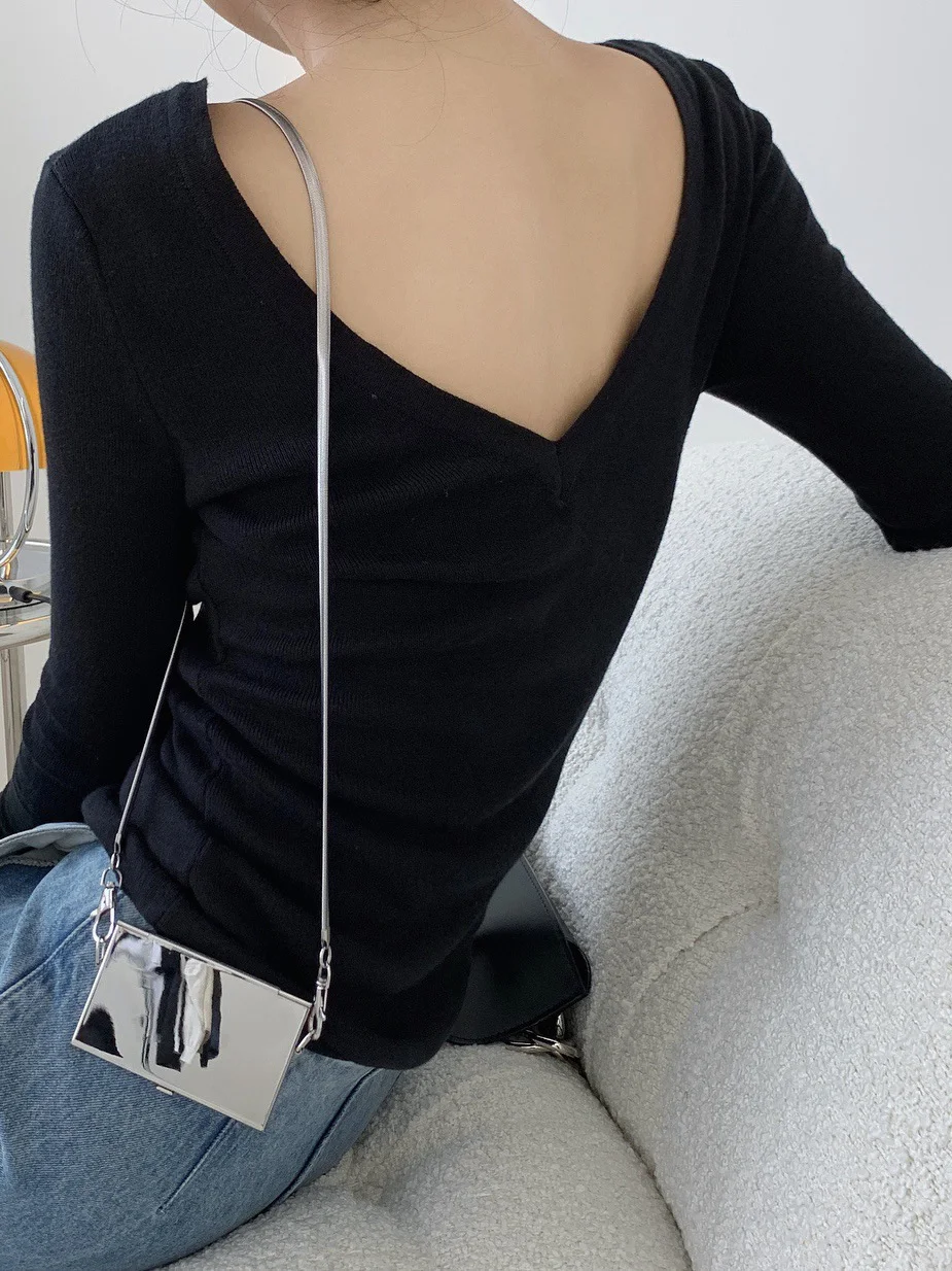 Knit T Shirt Women Long Sleeve Low Back Cotton Scoop Neck Sweater Slim Fit