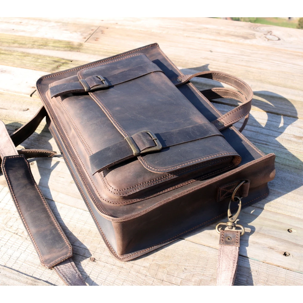 

Valuaes Classic Handmade Multi Purpose Bag Genuine Leather Patched Laptop Briefcase Tablet Notebook Book Male Female Purse Case