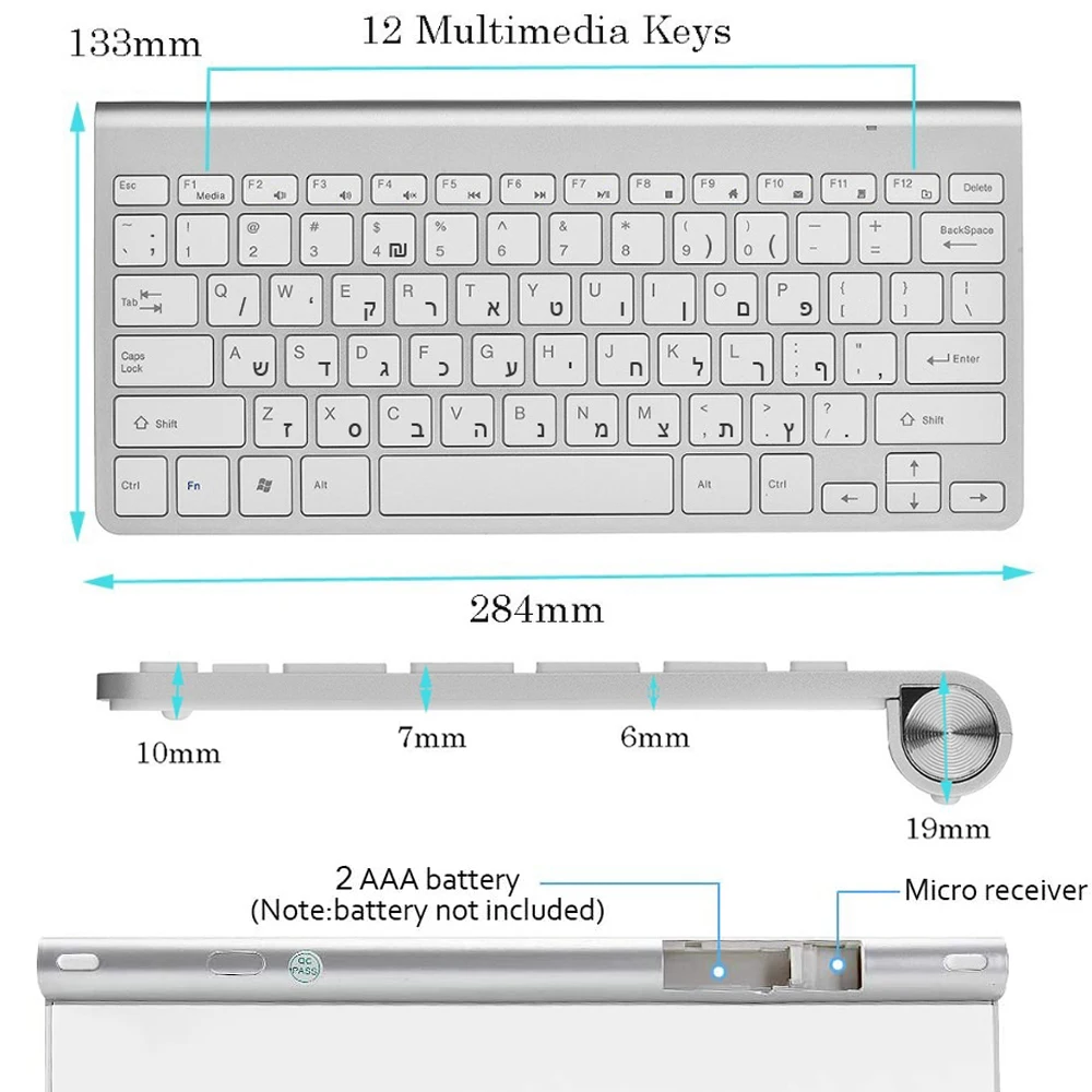 Lsrael Hebreeuws Ultra Slanke Draagbare Draadloze Toetsenbord 2.4G Compact Formaat Geluidsarm Toetsenbord Voor Laptop Desktop Windows Android Doos