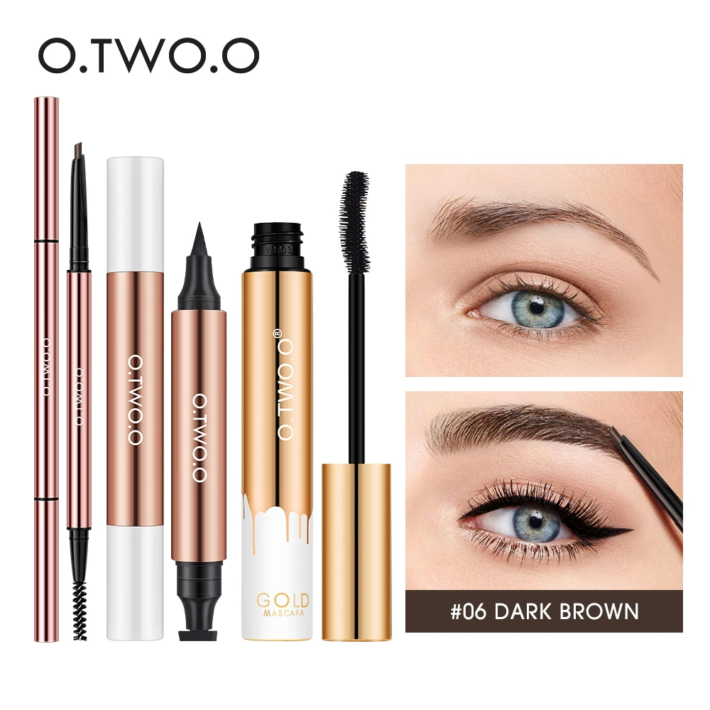 

O.TWO.O 3pcs Eyes Makeup Kit Black Mascara Ultra-fine Eyebrow Pencil Eyeliner Stamp Waterproof Long-lasting Full Cosmetics Set