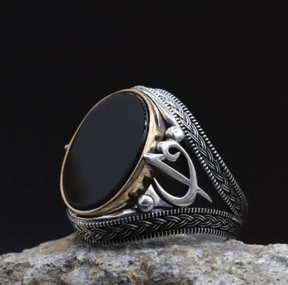 Oval Black Onyx Stone Elif Vav Muslim Ring for Men 925 Sterling Silver Collocation Fashion Natural Male Punk Mask Vintage Jewlry