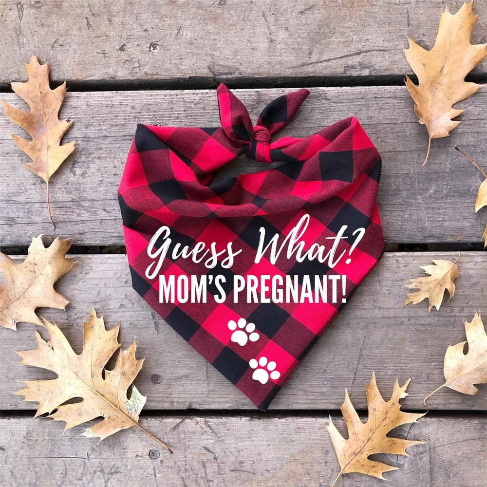 Personalize Date Guess, what? Mom's Pregnant!! Red Plaid Pet Bandana, Dog Pregnancy announcement, Baby Pregnancy to Family