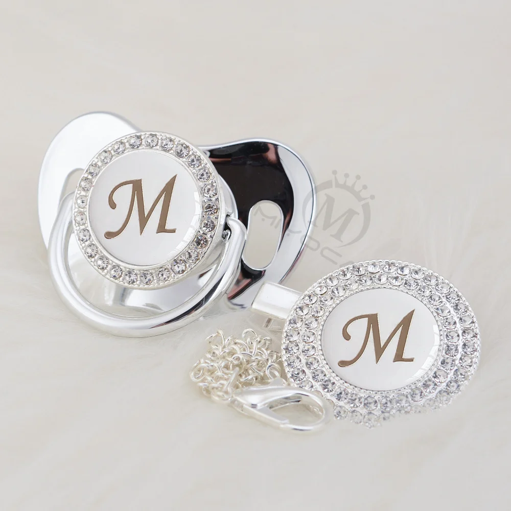 MIYOCAR silver name bling Initial letter M beautiful bling pacifier and pacifier clip BPA free dummy bling babyshower gift LM-1