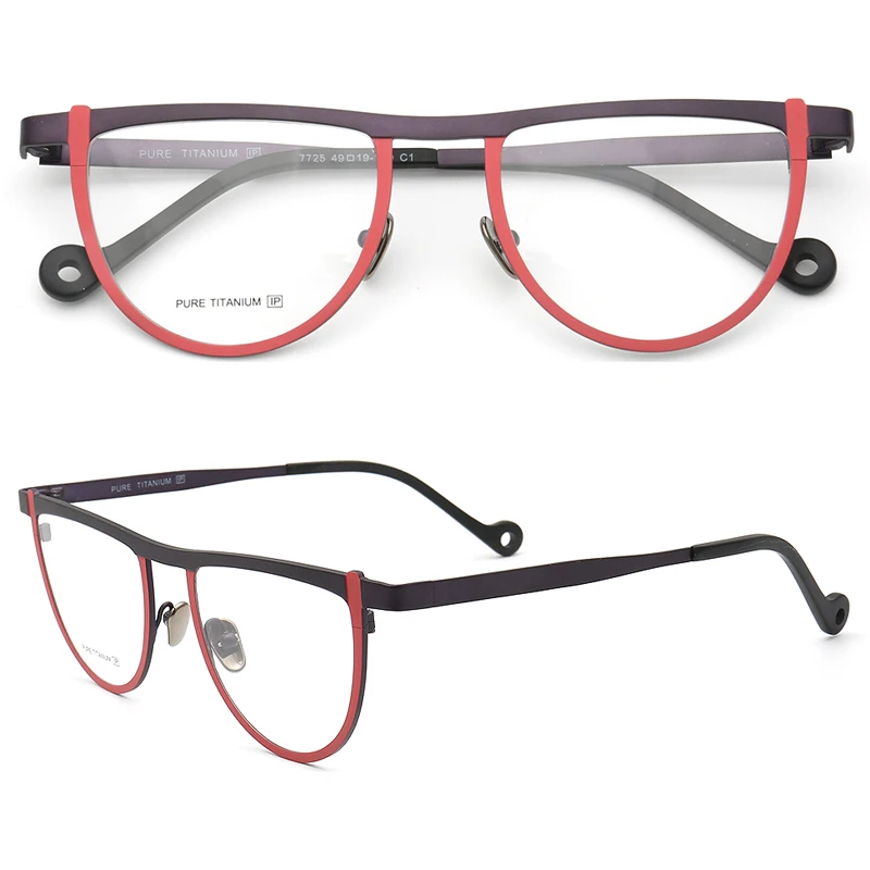 Retro Women Round Two Tone Titanium Glasses Frames Men Fashion Prescription Eyeglass Frames Red Brown Pink Optical Eyewear Funky