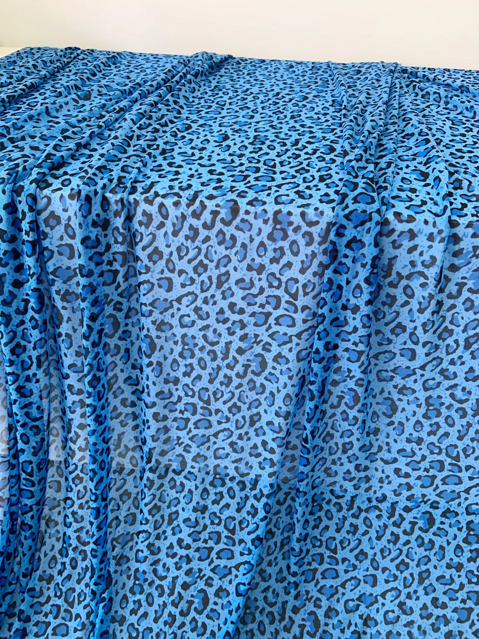 Blue 4 Way Stretch Tulle Fabric With Leopard Pattern Power Mesh Fabric Soft Elastic Tulle Fabric Super Smooth Well Drape