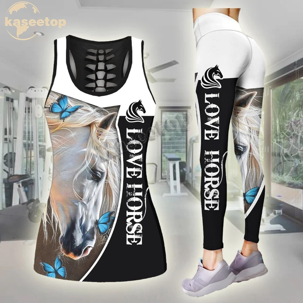 

Женский комплект для йоги из двух предметов, футболка и леггинсы с 3D-принтом Love Horse