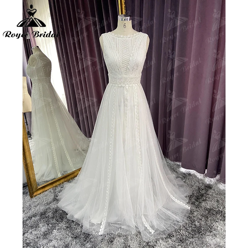 Boho O-Neck Off the Shoulder Lace Appliques A-Line Wedding Dress 2022 Tulle Bridal Gown Sweep Backless Button robe de mariée